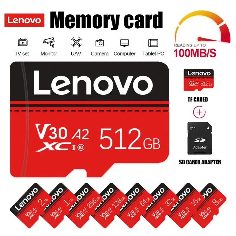 Lenovo Micro TF Card 256G 512GB 128GB 64GB 100MB/S Memory Card SD/TF Flash Card Class10 32GB 16GB SD Micro Card For Tablet/phone