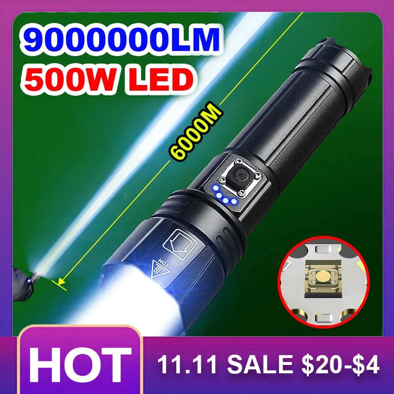 

Most Powerful LED Flashlight 500W USB Rechargeable Torch Light 6000Meter XHP360 High Power Flashlight Tactical Lantern