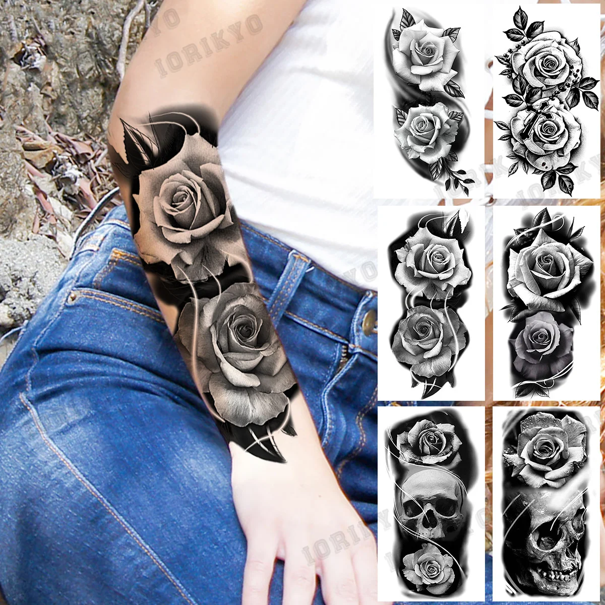 

3D Realistic Rose Flower Forearm Temporary Tattoos For Women Adult Girl Skull Cross Fake Tattoo Body Art Painting Tatoos Sticker