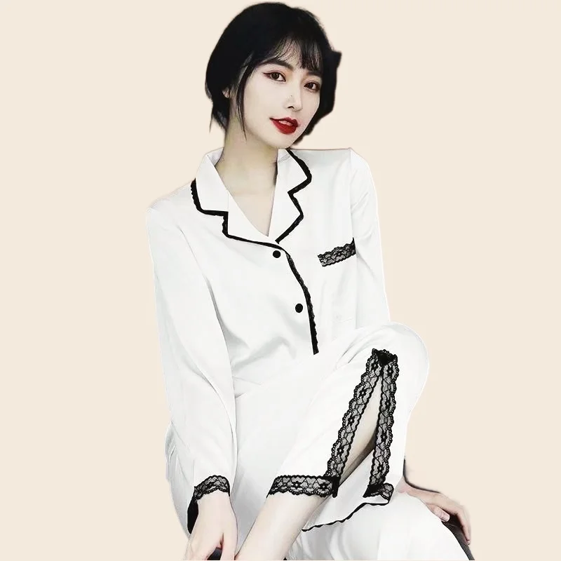 Women's Pajamas Set Full Sleeve T-shirt Long Pants 2Piece/Set Autumn/Spring Sexy Black Pyjama Big Size Homewear Cozy Silk PJS