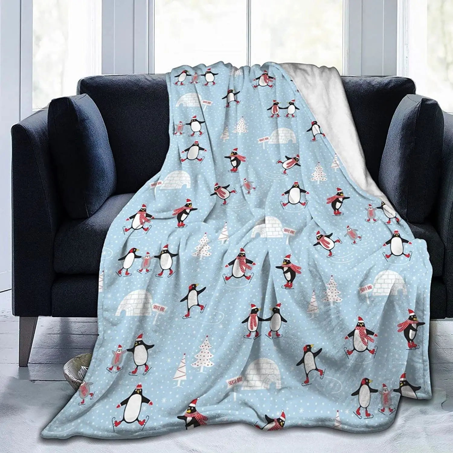

Фланелевое одеяло, ультрамягкое светильник е Фланелевое покрывало с рисунком пингвинов на коньках, голубого цвета, Рождественский Декор