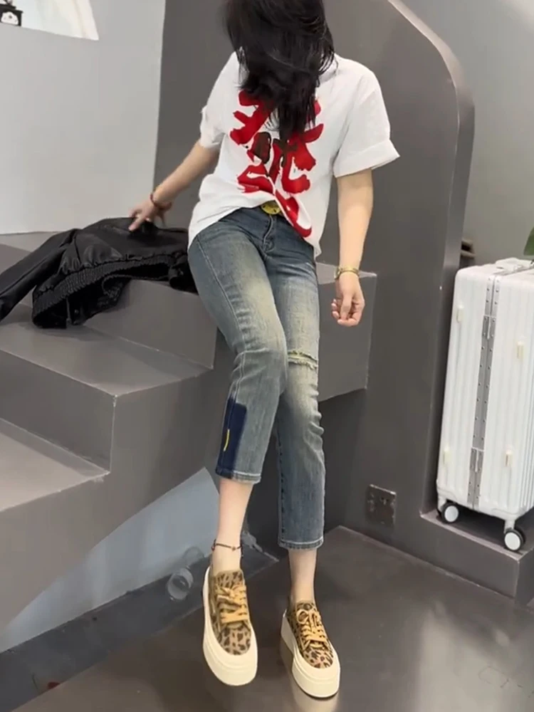 Y2k Pants Style High Waist Elastic Hole Small Feet Jeans Women 2023 Summer Slim Slim Slim Nine-point Pencil Pants