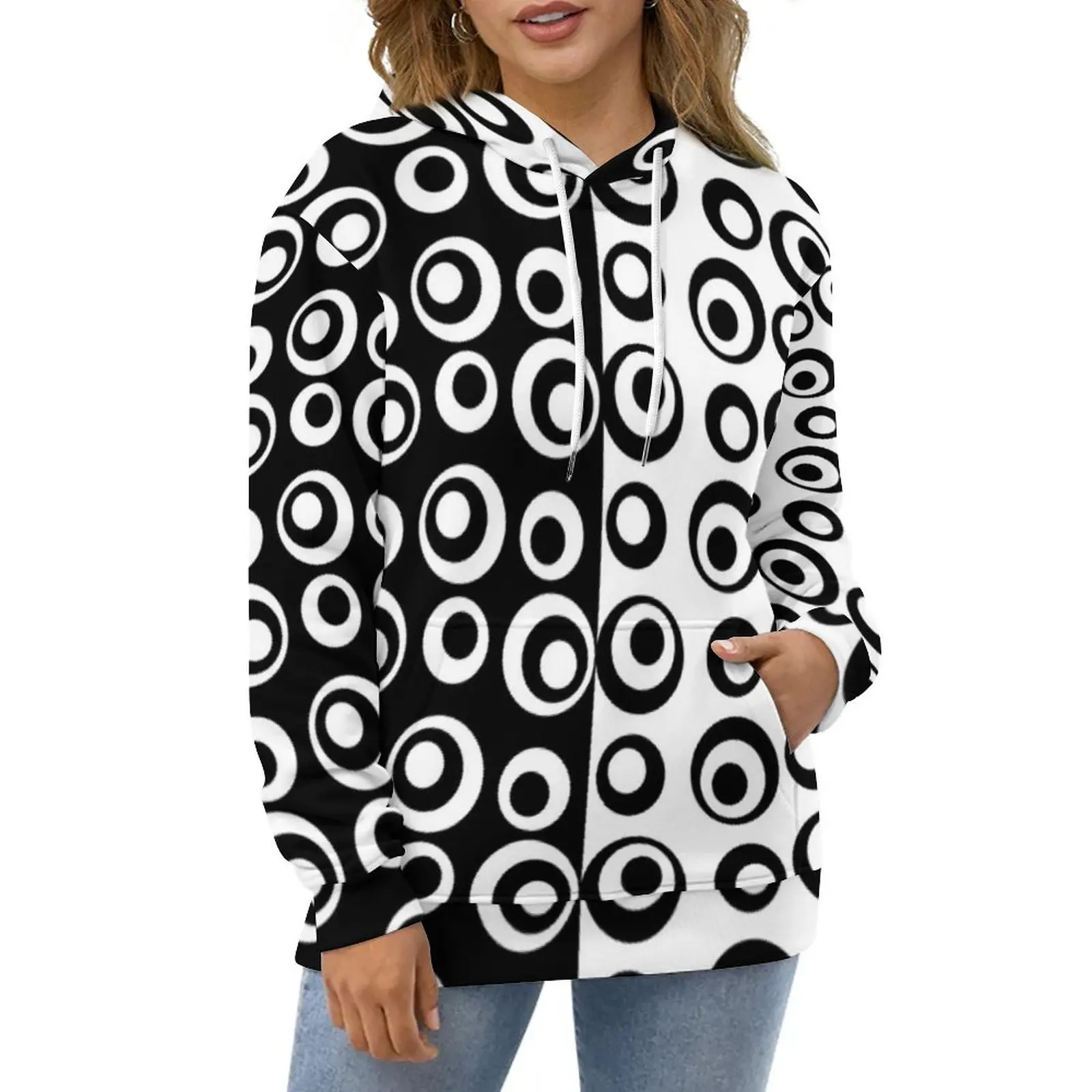 

Black And White Two Tone Hoodies Long Sleeve Mod Love Circles Dots Y2k Casual Hoodie Hip Hop Oversize Design Loose Sweatshirts