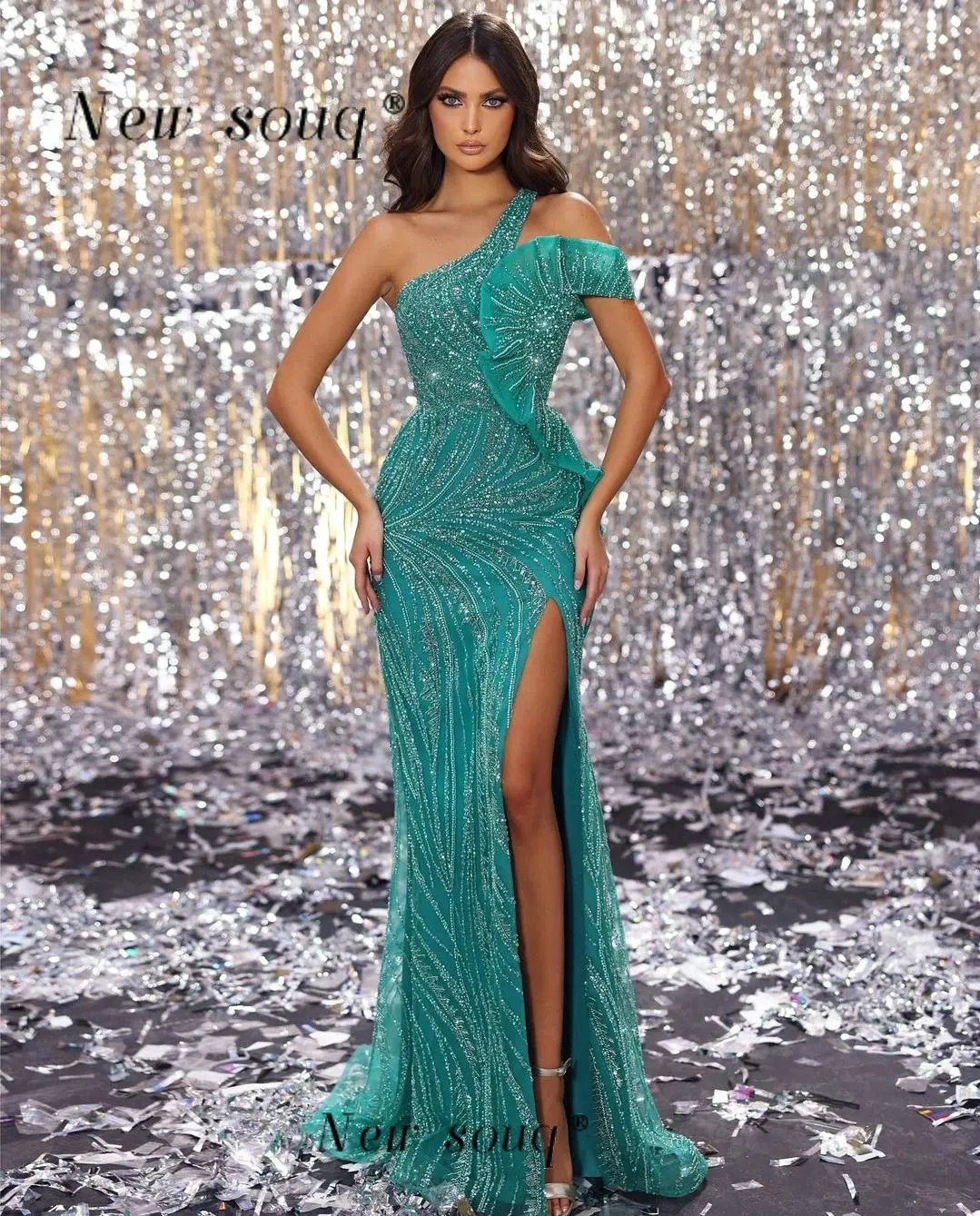 

Fashion Tiffany Blue Sexy Long Mermaid Evening Dresses with High Slit One Shoulder Sleeveless Sparkle Beaded Sequins Party Gowns
