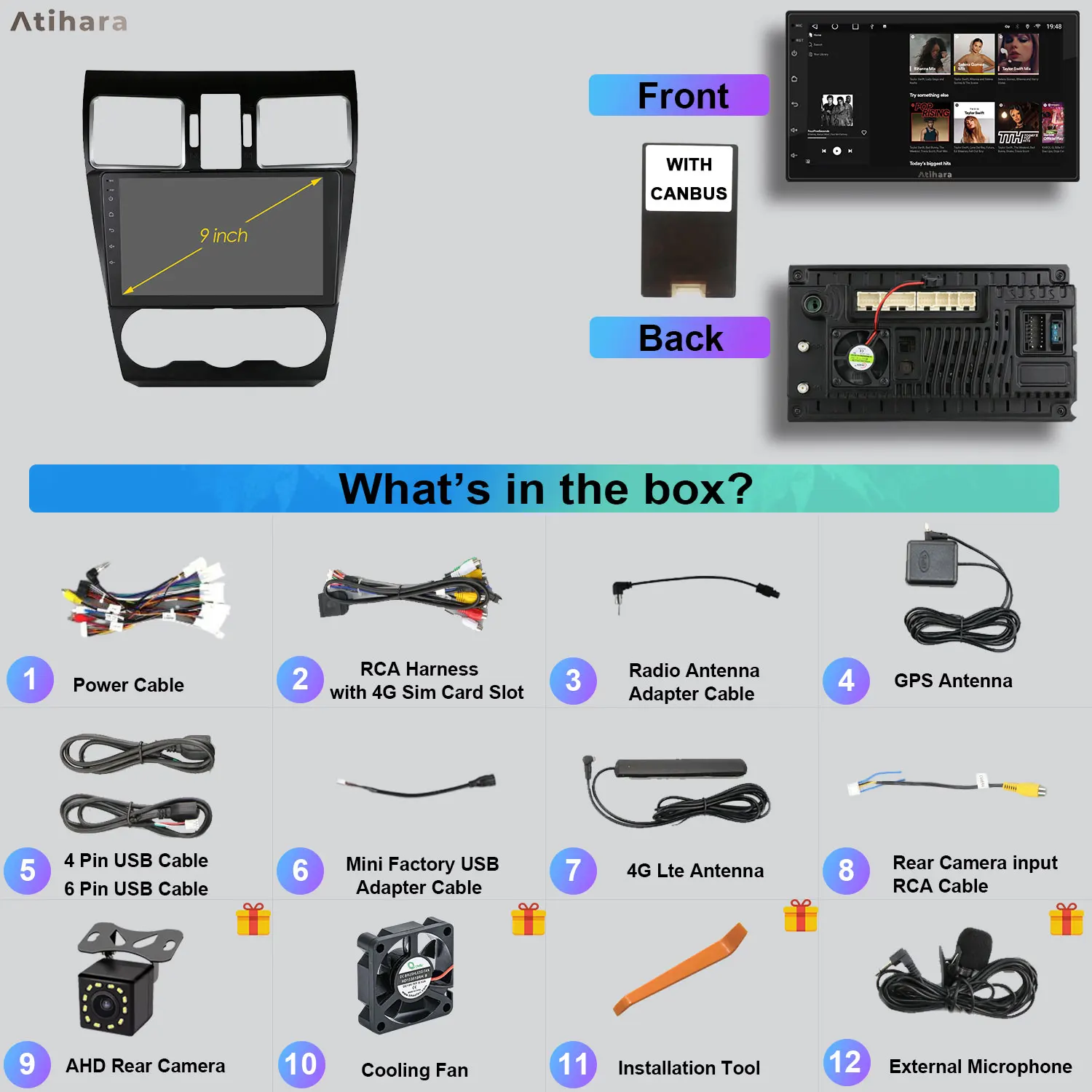 Atihara 9-дюймовый автомобильный радиоприемник Carplay Android Auto для Subaru Impreza 2015-2016 WIFI + 4G AM/FM