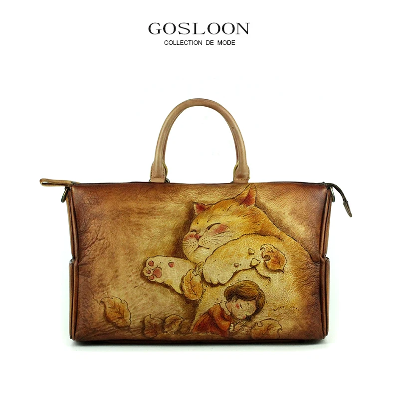 

GOSLOON-WG6 Original design cat and girl hand-painted thick leather new versatile shoulder handbag luxury brand