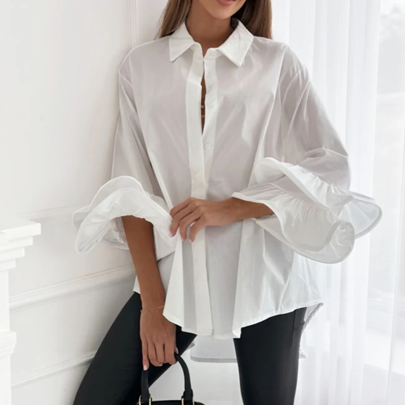 

Simple Flare Sleeve Buttoned Shirt Tops Spring Turn Down Collar Commuter Solid Blouses Tees Women Autumn Office Cardigan T-shirt