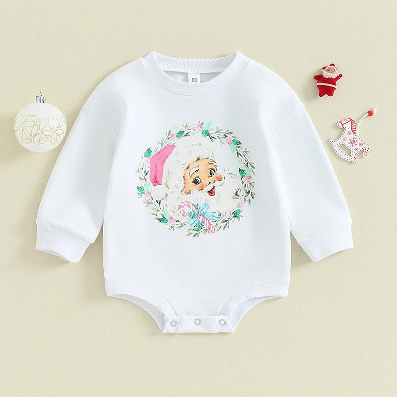 

Baby Girl Long Sleeve Rompers Newborn Christmas Santa Claus Print Round Neck Bodysuit Infant Loose Fit Jumpsuits