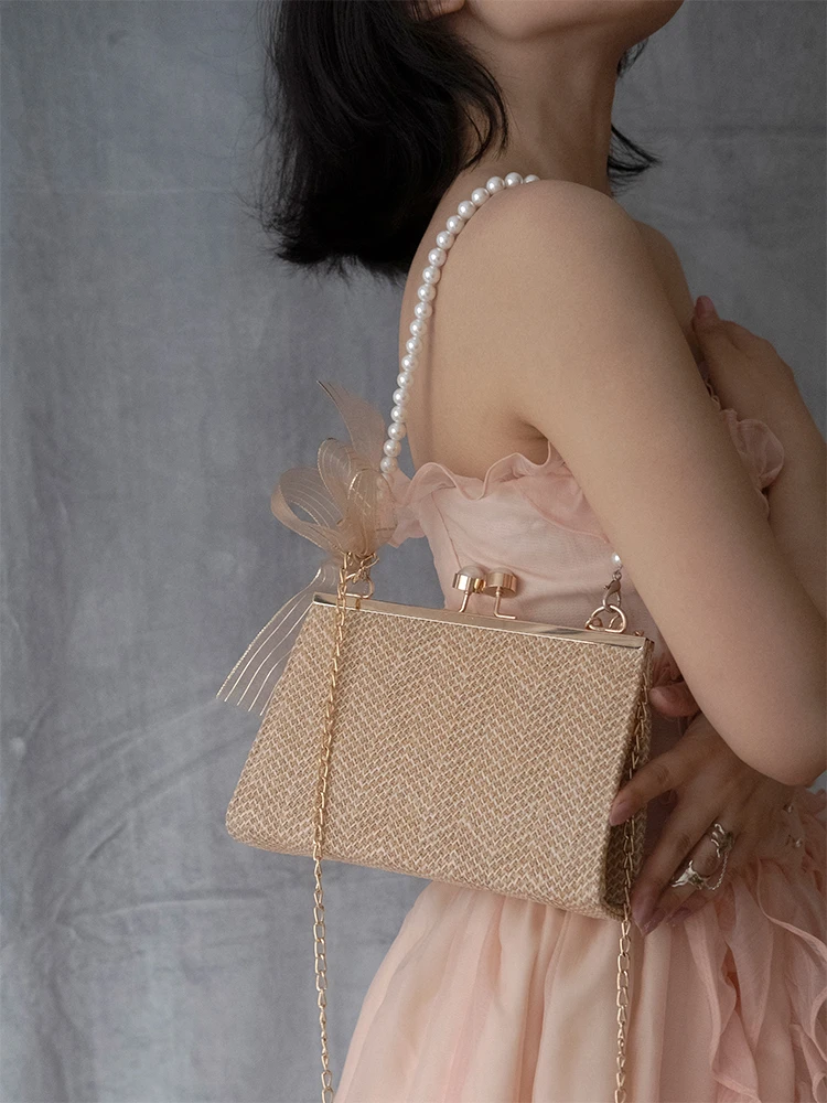 Женская плетеная сумочка в стиле ретро с жемчужной цепочкой кружевные украшения