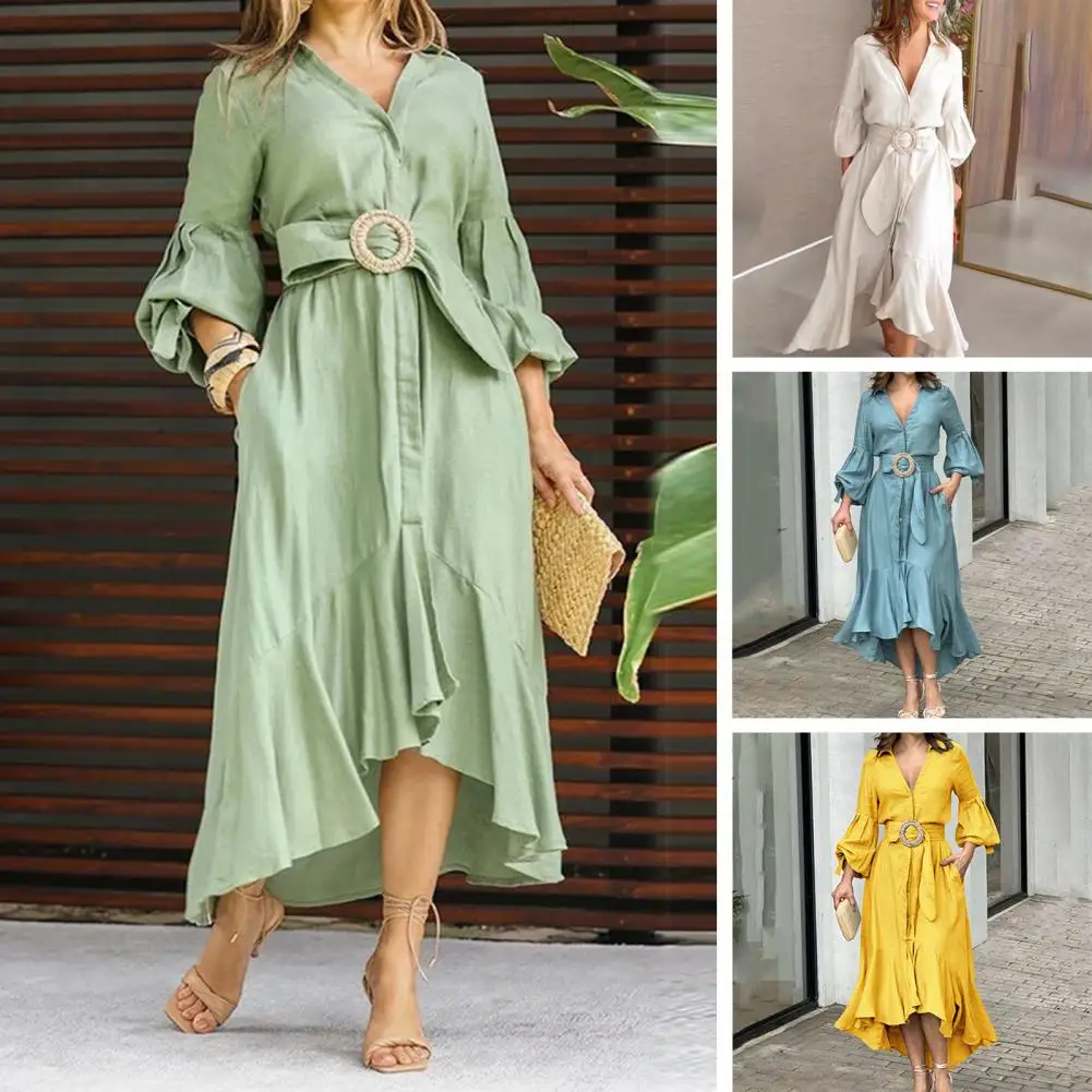 

Женское элегантное Однотонное Платье макси с рукавами-фонариками и оборками на Подоле и карманами с поясом