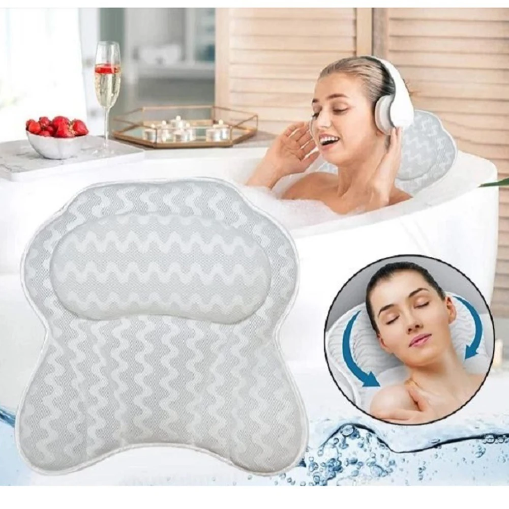 

3D Air Mesh Bath Pillow Shoulder Support Non Slip For Bathtub Machine Washable Thick Soft 6 Suction Cups Spa Ergonomic Home