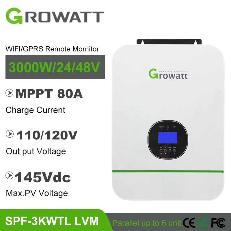 

Гибридный инвертор Growatt, сдвоенная фаза MPPT 80 А, 24 В, 48 В, 3000 Вт, максимальное входное напряжение PV 145 в, выходное напряжение в, Поддержка паралле...