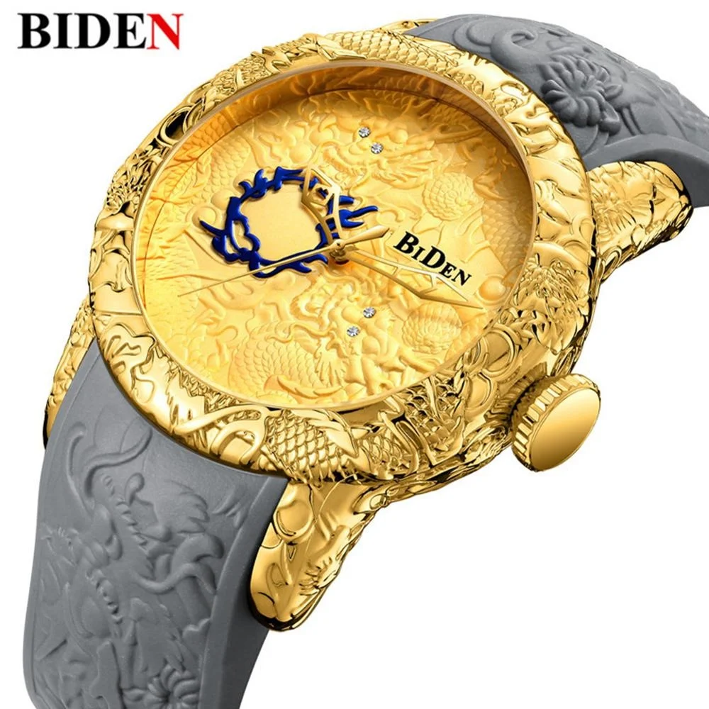 

BIDEN Luxury Brand Men's Watches 3D Engraved Dragon Big Dial Quartz Wristwatch For Man Watch Silicone Strap Relogio Masculino