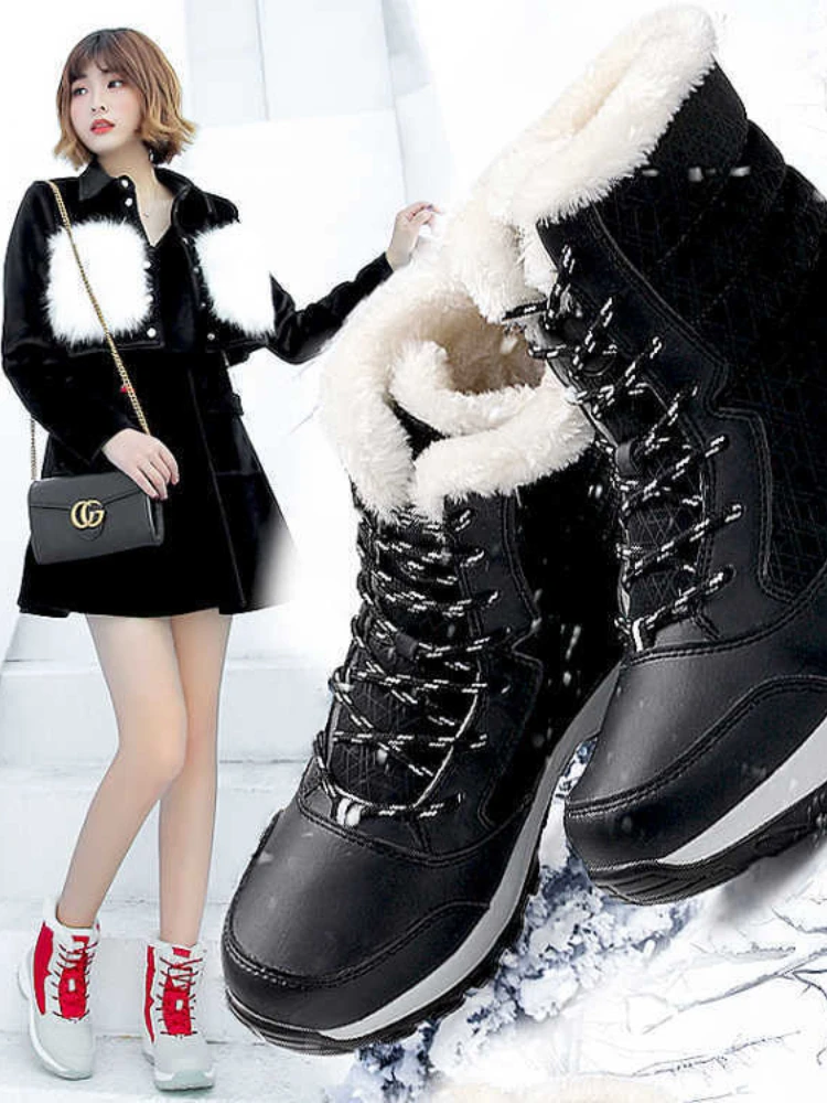 New Women's Shoes Snow Boots Female High Top Lace Up Female Tide Shoes Ladies Plus Down Warm Cotton Shoes Boots Waterproof Boots