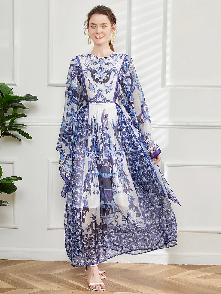 

Banulin Fashion Designer Summer Long Dress Women's Flare Long Sleeve Blue and White Porcelain Printing Bohemian Slik Maxi Robe