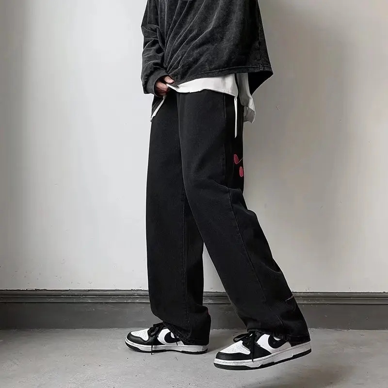 2022 New Fashion Musical Note Embroidery Straight Men Baggy Jeans Trousers Hip Hop Vintage Denim Pants Elegant Pantalones Hombre