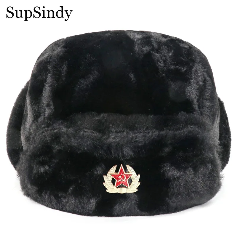 SupSindy Insignia soviética Ushanka hombres y mujeres bombardero sombreros CCCP ejército piloto Trapper Trooper sombrero invierno piel de conejo de imitación orejeras gorras de nieve
