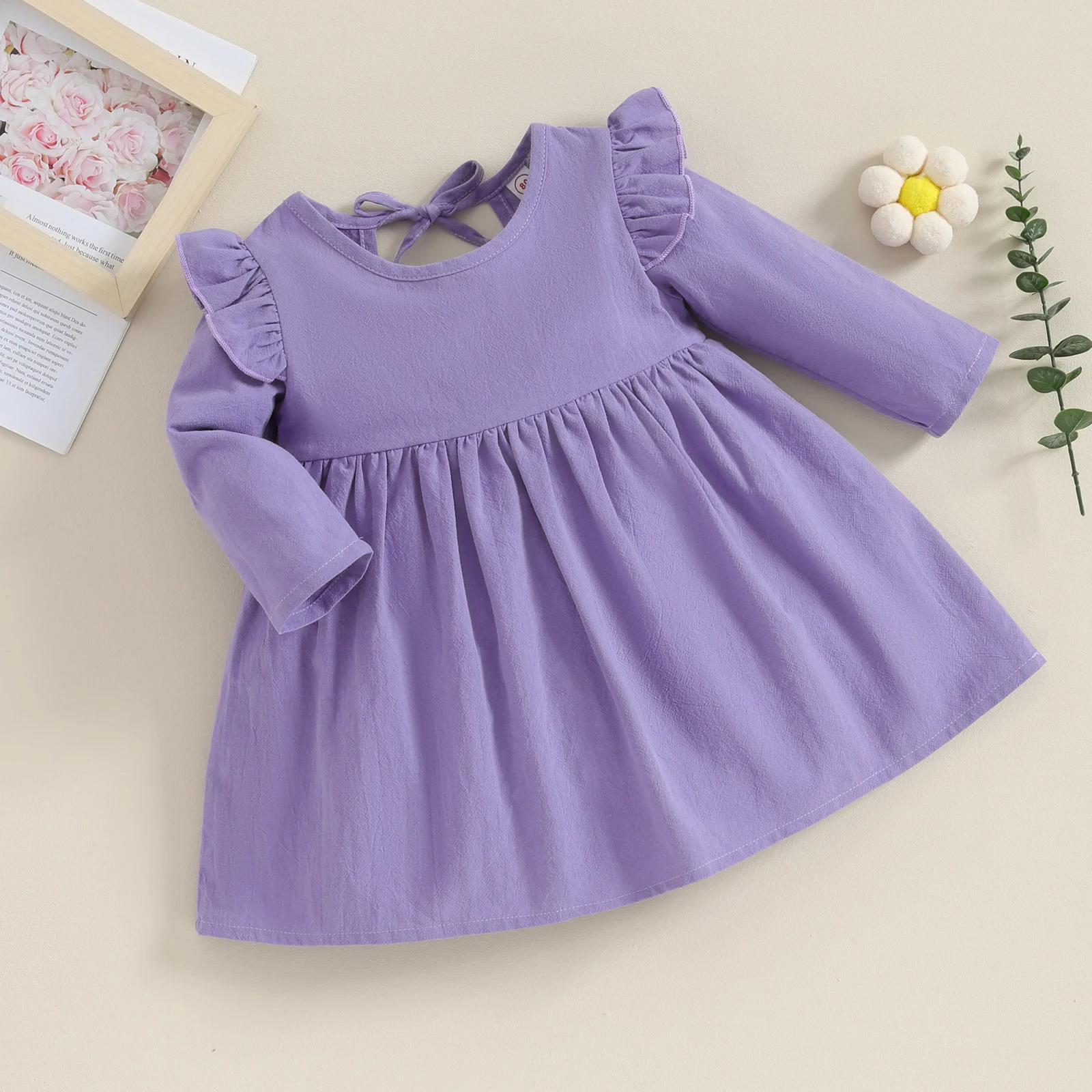 Повседневное платье для девочек однотонное платье-мини с длинным рукавом и