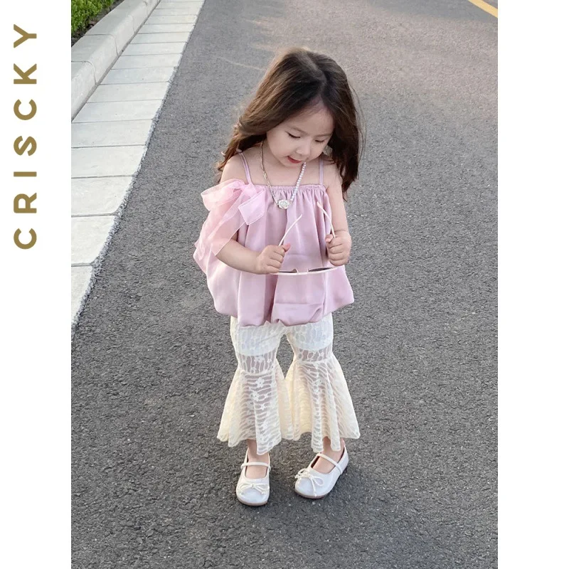 

Sweet Girls Summer Clothing Set 2023 Kids Suit Suspender Bow Shirts Floral Lace Flare Pants Girl Outfits Children Sets