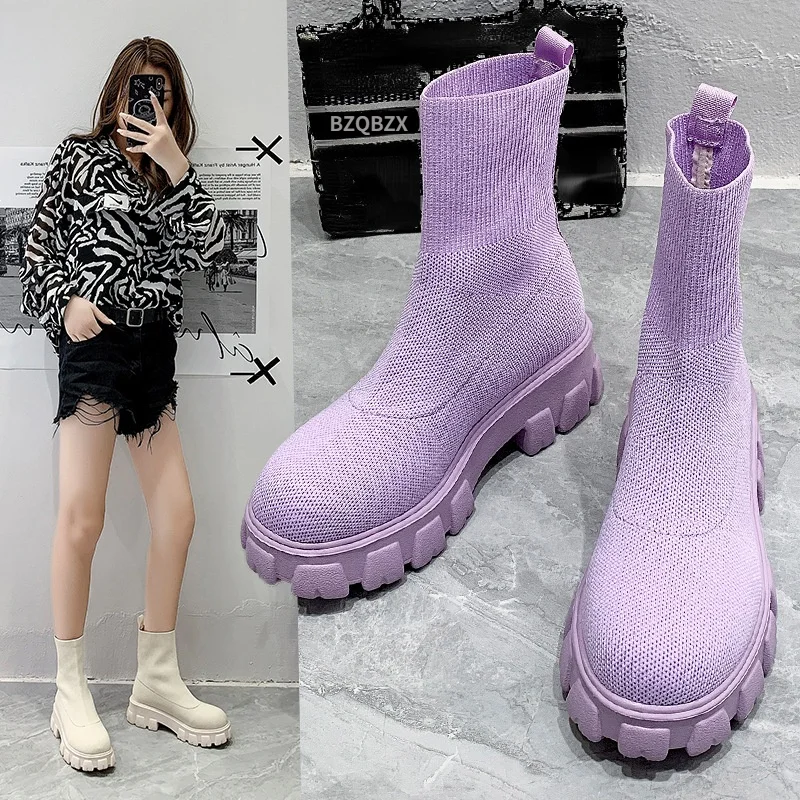 

Plus size Women Thick Soles Casual Large Red Knitted Ankle Boots Spring New Women's Socks Boots Ladies Botas De Mujer Shoes