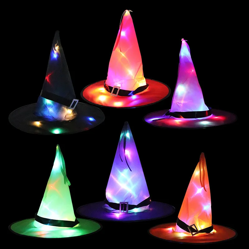 

LED Adult Kids Witch Hats Masquerade Ribbon Wizard Hat Costume Party Birthday Witches Top Pointed Caps Cosplay Halloween Props