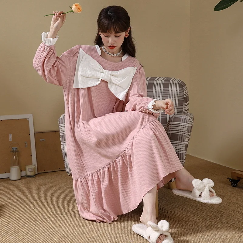 New Lace Women Nightgown Sleepwear Spring Nightwear Cotton Long Sleeved Night Dress Cute Cartoon Kawaii Pajama Young Gril Pijama