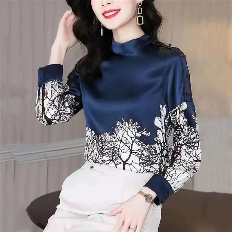 

Винтажная голубая рубашка для женщин, новинка весны 2022, модный темпераментный пуловер, блузка с длинным рукавом и принтом, универсальная ма...