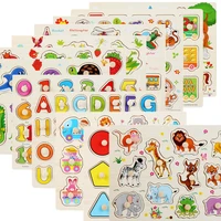 hand grabbing board cover jigsaw puzzle children montessori wooden toy alphanumeric fruit shape