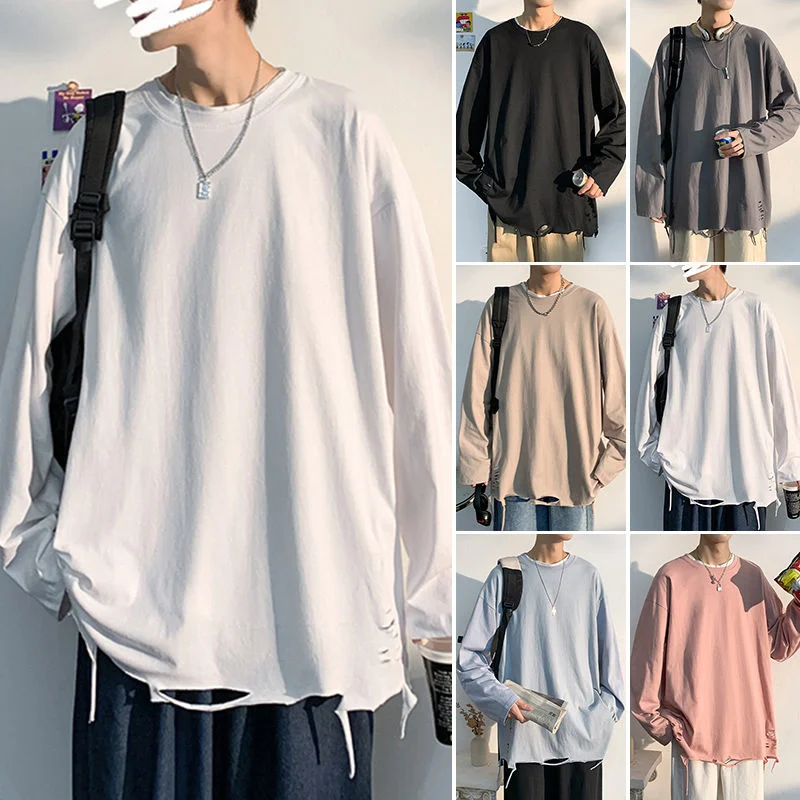 

Privathinker Personalized Ripped T Shirt For Men Fashion Solid Color Casual Long Sleeve Korean Clothing Summer Male Top Tees