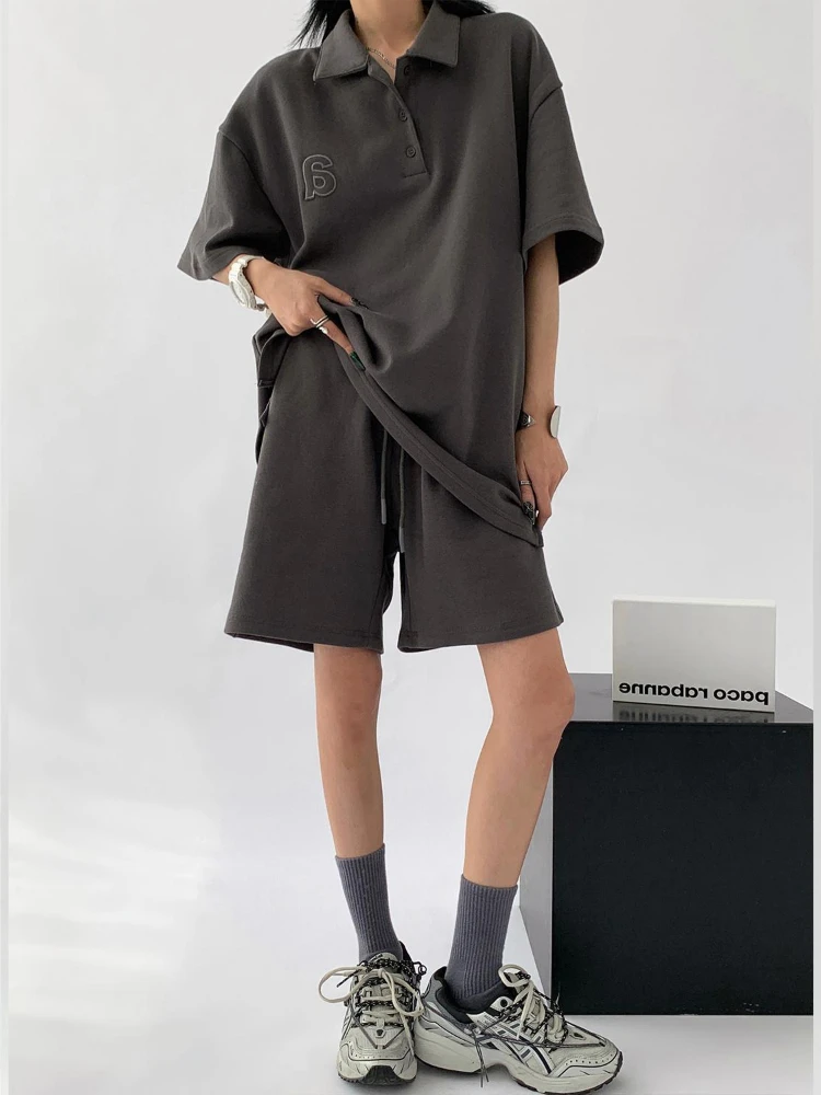 

Летняя однотонная спортивная одежда, комплект для женщин, повседневная одежда, рубашка поло, шорты, Женский костюм с коротким рукавом, топы и штаны, 2023