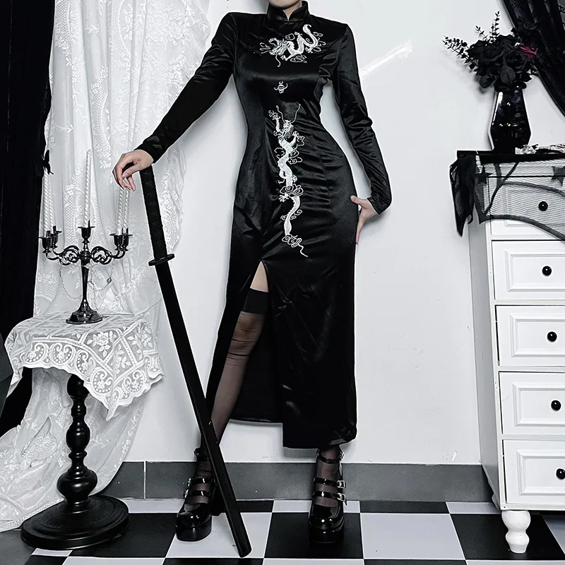 

Goth Fashion Designed Women Dress Dragon Printing Long Sleeve Round Neck Split Slim Gothic Style Ladies Dress For Autumn 2023