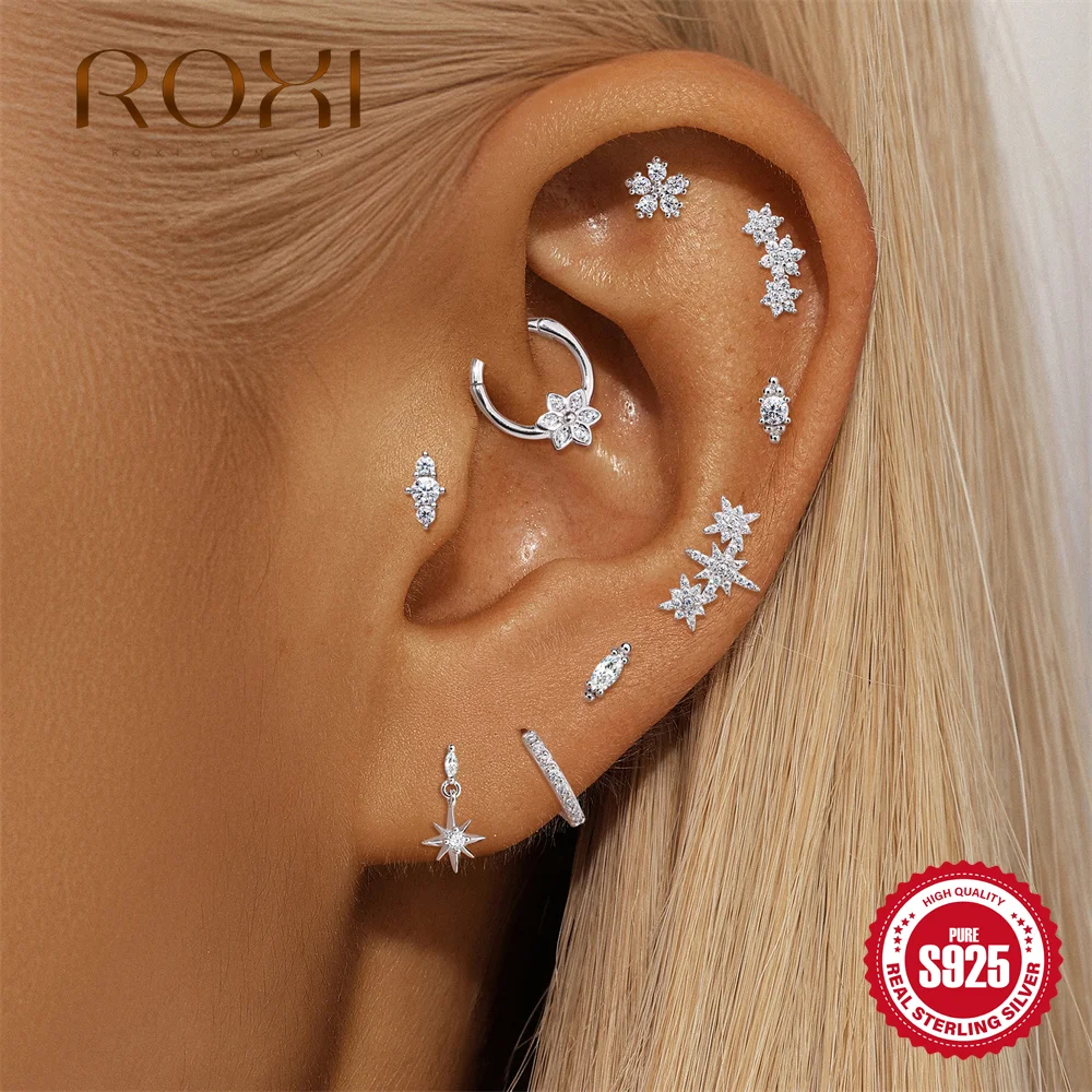Фото ROXI Подвеска из муассанита и серебра 925 пробы в форме цветка/звезды для женщин, плоская застежка, пирсинг 16G, серьга-гвоздик для хеликса, изысканные ювелирные изделия, подарки на день рождения №1