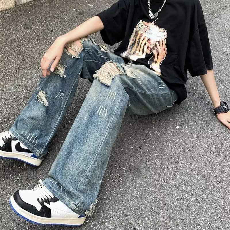 Summer Blue Ripped Jeans Men's Fashion Casual Baggy Straight Jeans Men Streetwear Hip Hop Loose Hole Denim Pants Mens Trousers