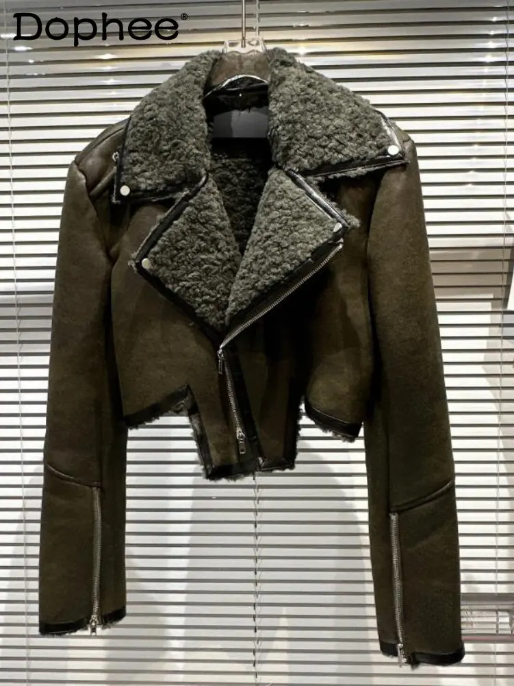 

2022 Winter New Suede Leather Jacket Women Short Motorcycle Lapel Faux Lamb Fur Coat Lady Street Cropped Warm Jackets