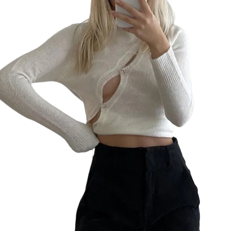 

Футболка женская трикотажная в рубчик, Модный повседневный однотонный кроп-топ асимметричного покроя с вырезами, уличная одежда, осень-весна