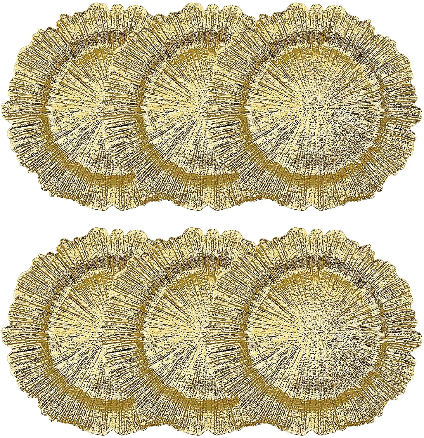 

1/6 шт. 13-дюймовые золотые зарядные тарелки, круглые пластиковые зарядные устройства для рифовых тарелок для обеденных тарелок, элегантные декоративные коврики для свадебной вечеринки