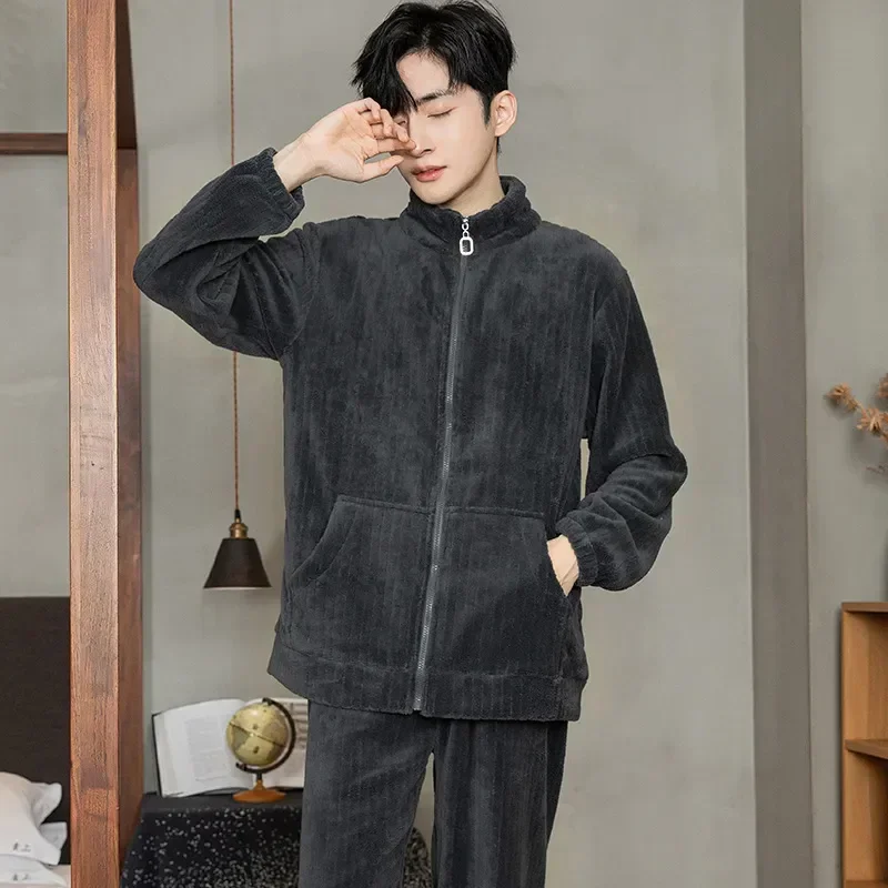 

Coral Fashion Winter Fleece Set Pyjama Thicken Freeship Men's Sleepwear Nighwear Zipper Homme Pajamas 2023 Korean Flannel