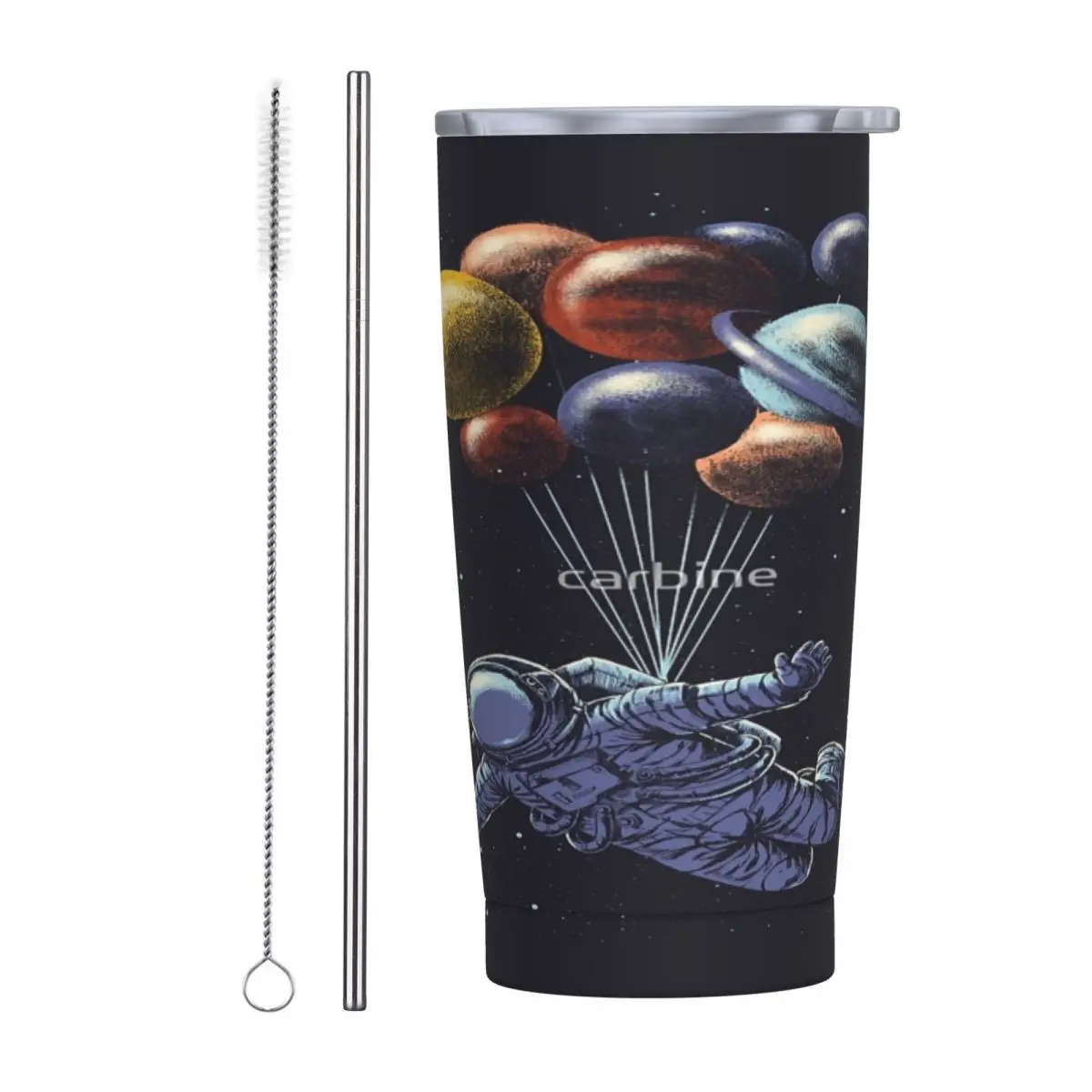 

Space Travel Stainless Steel Mug Good Seal Push pull Lid With straw brush Reusable