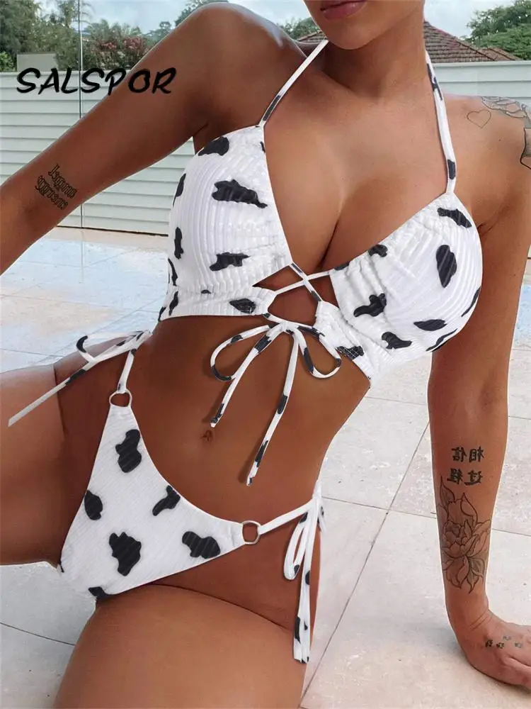 

SALSPOR бикини с коровьим принтом, сексуальные купальники с треугольными лямками, женский купальник с перекрестными вырезами, купальный костю...