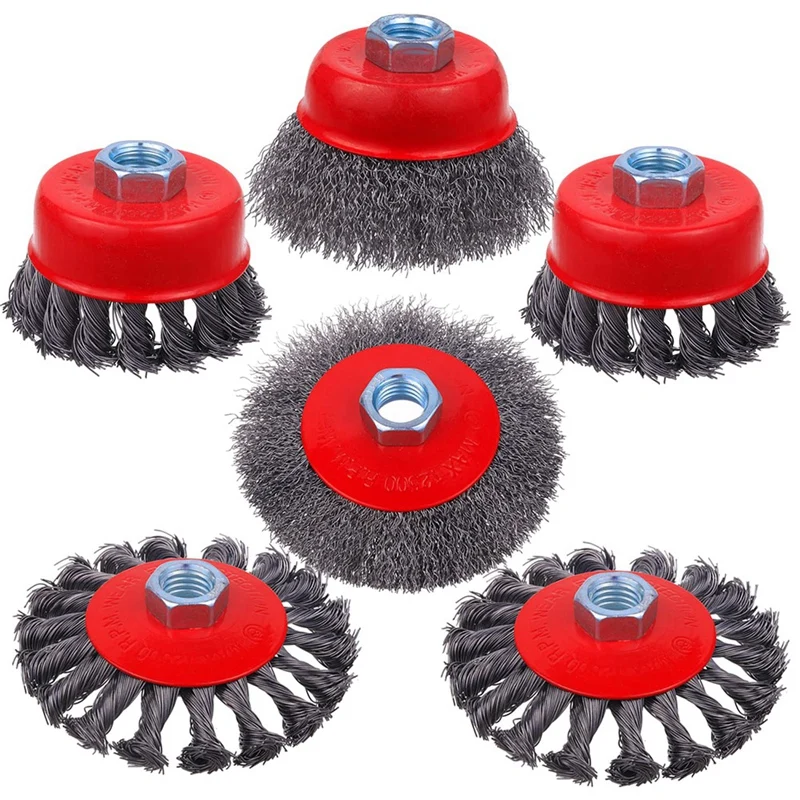

6 Pack Wire Wheel Cup Brush, 5/8 -11 Inch Threaded Arbor, 3 & 4 Inch Twisted Knotted & Coarse Crimped Cup Brush