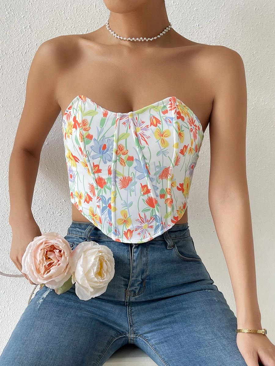 

Женский корсет с открытыми плечами wsevypo, летний укороченный Топ без бретелек с цветочным принтом в стиле ретро, бюстье с открытой спиной