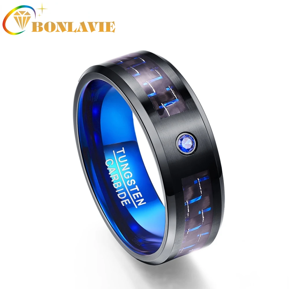 

Мужское кольцо BONLAVIE 8 мм из карбида вольфрама, синее, углеродное волокно, полированная отделка, комфортное прилегание, кольцо из вольфрамово...