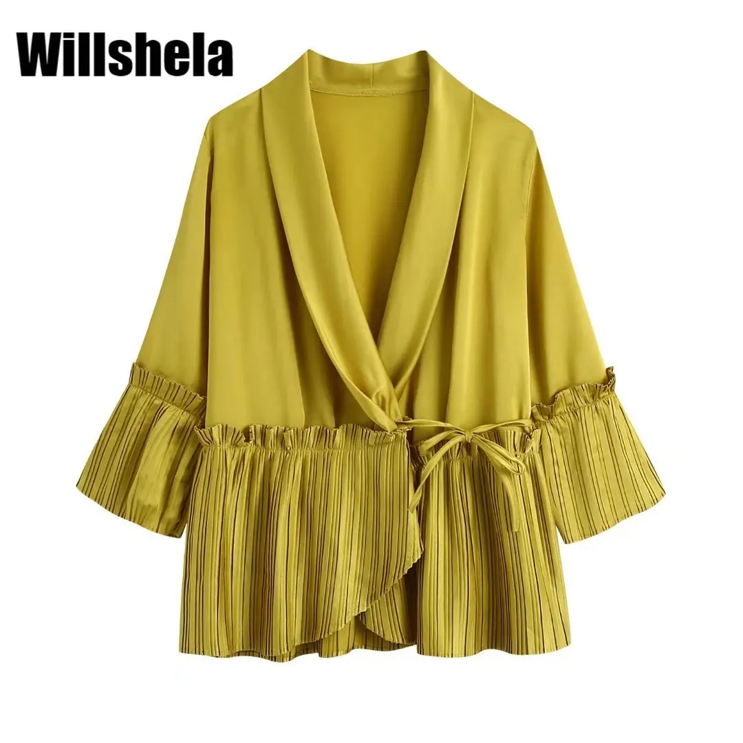 

Женская блузка Willshela, контрастная плиссированная блузка с длинным рукавом, v-образным вырезом и отворотом