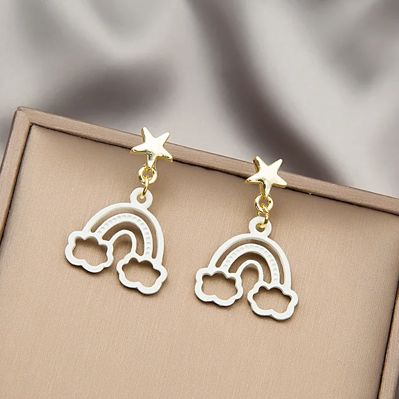 

VSnow Cute Kawaii Pink White Color Rainbow Cartoon Dangle Earring for Women Hollow Out Metal Star Earring Jewelry Accessories