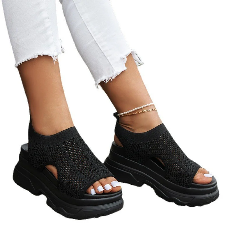 Fabric Spliced Sports Sandals Women's 2023 New Mesh Hollow Out Women's Shoes Casual Thick Sole Fish Mouth Women's Shoes