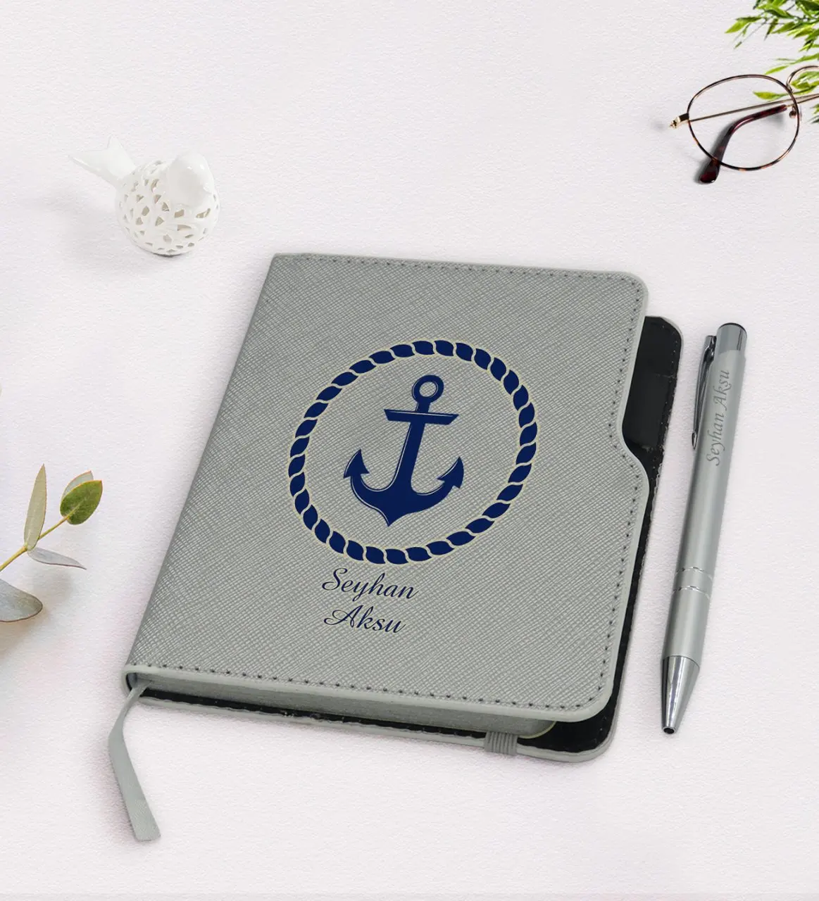

Personalized Custom Anchor Design Gray Thermo Leather Notebook Pen Seti-1