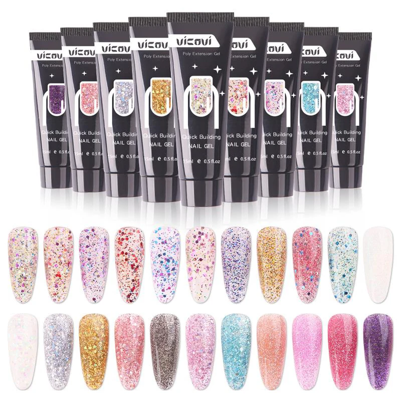 

15ml Poly UV Nail Extension Gel Nail Glitter Sequins/Nude Poly Acrylic Gel, Semi Permanent Builder Gels for Manicure Extension