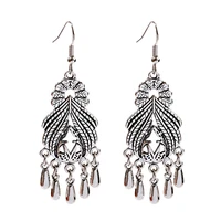 bohemian ethnic long pendant dangle drop earrings silver color hollow tassel earrings female round flower jewelry accessories
