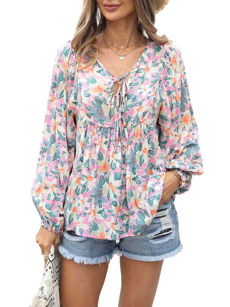 

2022 Floral Print Blouses And Tops Women Fashion V Neck Long Sleeve Elegant Office Shirts Ladies Oversize Casual Chiffon Blouse