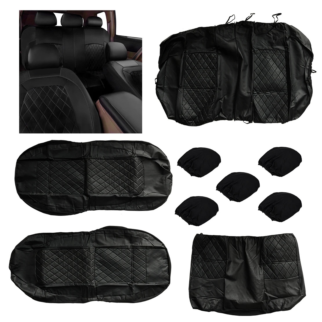 

9pcs/Set PU Leather Interior Front Rear Seat Full Covers Cushions Set for Cars Trucks Vans & SUV Black